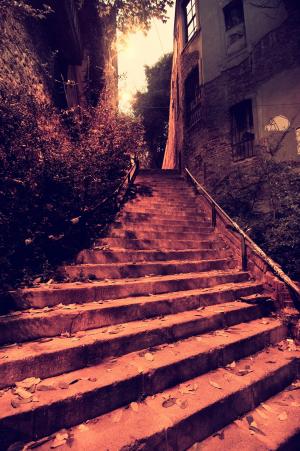 楼梯, 晚上, 街道, 黑暗, 城市, 街道, 红色