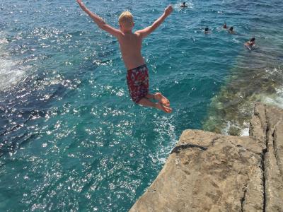 海, 悬崖, 男孩, 跳转, 希腊, 海岸, 岩石