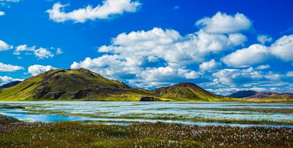 冰岛, 全景, 山脉, 天空, 云彩, 河, 湖