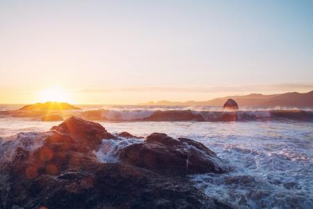 海, 波, 附近的, 岩石, 形成, 日落, 阳光