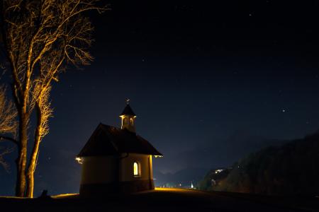 教堂, 在晚上, 黑暗, 照明, 山, 基督教, 高山