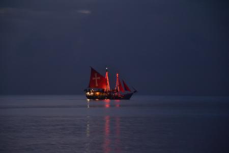 夜海, 小船, 海盗, 夏季, 假日, 日落, vista