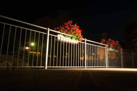 花, 晚上张照片, 栏杆, 晚上, 走了, 花盆, 光影