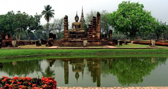 泰国, 寺, 建筑, 宗教, 信心, 树木, 湖