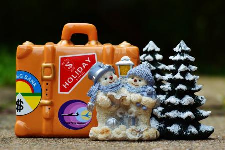 寒假, 圣诞假期, 旅行, 行李, 冬天, 小雪人, 图