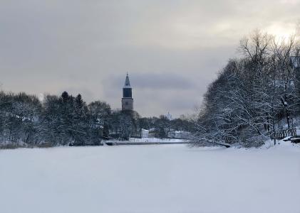 图尔库, 教会, 冬天, 河, 雪, 木材, 月亮