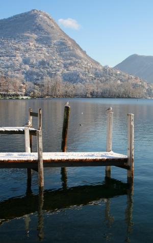 卢加诺, 瑞士, 水, 湖, 山脉, 冬天, 雪