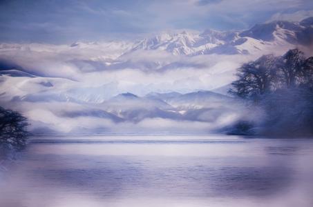 绘画, 图像, 冬天, 景观, 雪, 雾, 湖