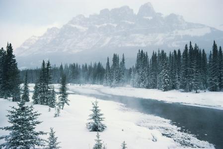 山脉, 冬天, 白色, 赛季, 树木, 河, 风光