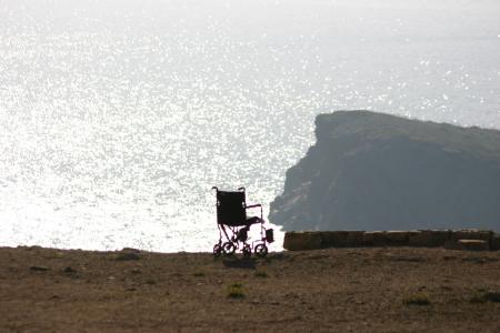 轮椅, 太阳, 海, 海岸, 边缘, 障碍, 敲响天堂