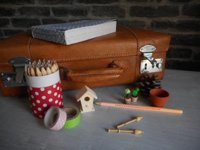 支铅笔壶, 彩色的铅笔, 铅笔盒, 框, 手提箱, 棕色手提箱, 书