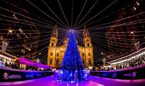 布达佩斯, 来临, 公平, 在晚上, 光, 圣诞树, 松树