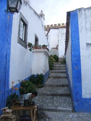 鹅卵石街道, 葡萄牙, 楼梯, 墙壁, 旧城, 蓝色, 白色