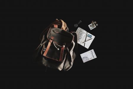 背包, 书, 钱, 笔记本, 钢笔, 旅行袋, 手表