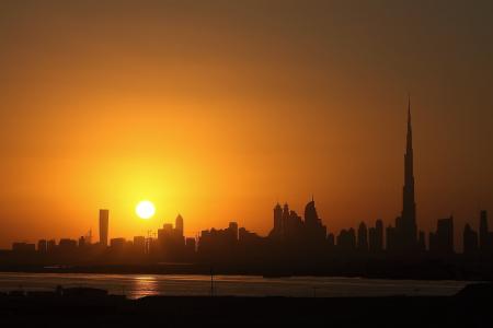 晚上, 迪拜, 日落, 城市景观, 摩天大楼, 城市, 建筑