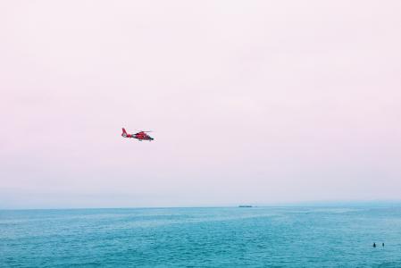 红色, 直升机, 飞行, 身体, 水, 白天, 海
