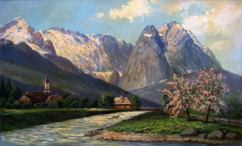 wetterstein, 阿尔卑斯山, 绘画, 布面油画, 艺术, 艺术, 艺术性