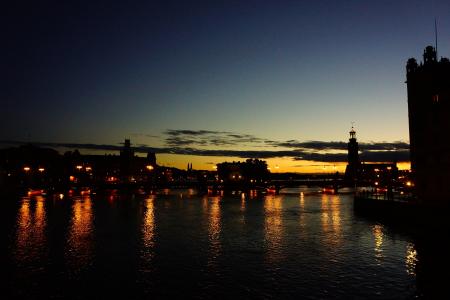 斯德哥尔摩, 瑞典, 夜景, 江边
