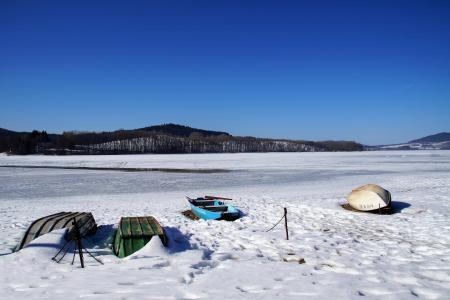 划艇, 小船, 驳船, 结冰的湖面, 在陆地上, 雪, 冬天