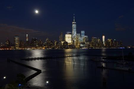 纽约, 曼哈顿, 晚上, 城市, 城市夜景, 摩天大楼, 水