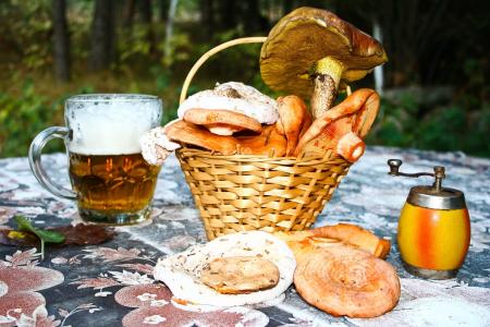 蘑菇, 啤酒, 表, 静物, 森林