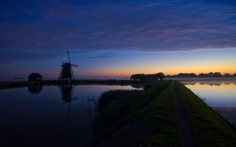 池塘, 风车, 特塞尔岛, 荷兰, 晚上, 自然, 夏季
