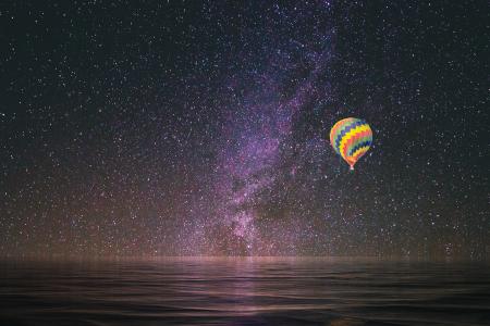 热气球, 星星, 反思, 飞行, 旅程, 晚上, 多色