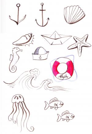 图标集, 海事, 海, 绘图, 锚点, 壳, 海星