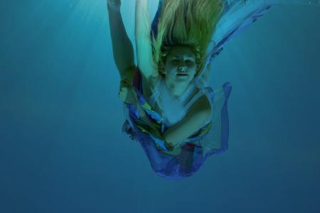 女孩, 水下, 美人鱼, 游泳, 水, 蓝色