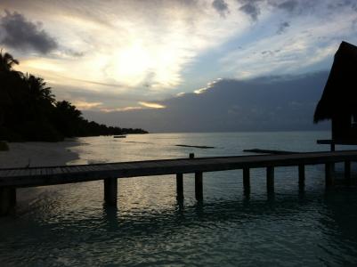 马尔代夫, 酒店, 景观, 自然, 海, 日落, 水