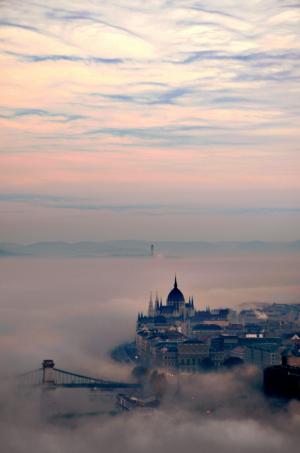 布达佩斯, 黎明, 雾, 议会, 伊丽莎白桥, 背景, 天空