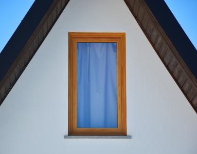 棕色, 木制, 框架, 窗口, 小组, 蓝色, 窗帘