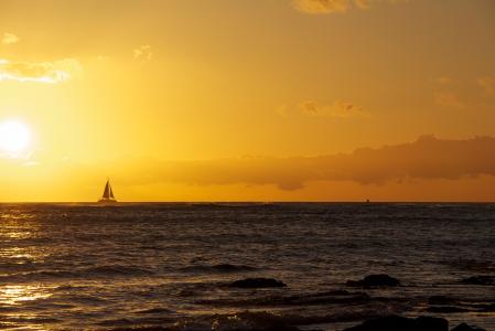 夏威夷, 日落, 帆船, 黄色, 橙色, 海洋, 海滩