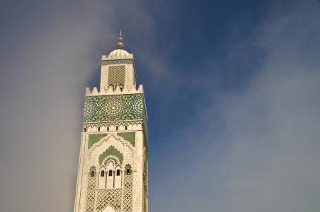 卡萨布兰卡, 清真寺, 宣礼塔, 雾, 摩洛哥, 穆斯林, 建筑