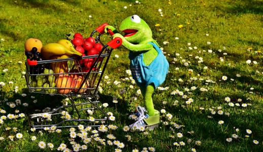 克米特, 购物车, 健康购物, 水果, 蔬菜, 香蕉, 桃子