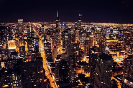 芝加哥, 晚上, 城市, 城市景观, 城市天际线, 摩天大楼, 纽约城
