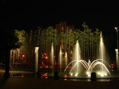 喷泉, 夜景, 公园, 夏季, 路灯