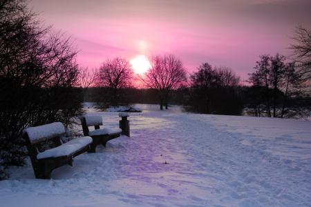冬天, 日出, 日落, 雪, 雪盖, 余辉, 公园的长椅上