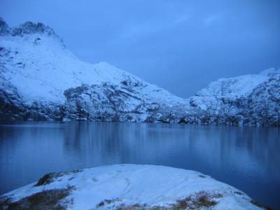 极夜, 罗弗敦, 挪威, 雪, 山, 自然, 湖