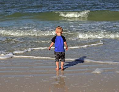 儿童, 海滩, 海岸, 湿脚, 波, 打开空气, 自然