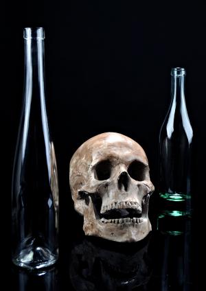 棕色, 两个, 玻璃, 瓶, 背景, 照片, 头骨