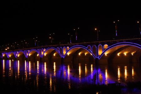 桥梁, 城市, 夜景, 晚上, 河, 桥-男人作结构, 建筑