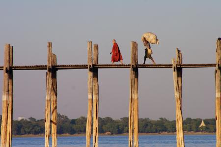 缅甸, 缅甸, u 腿桥, 和尚, 景观, 海, 野生动物