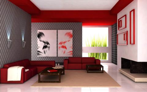 客厅, 公寓, 红色, 白色, 室内设计, 家具, 现代