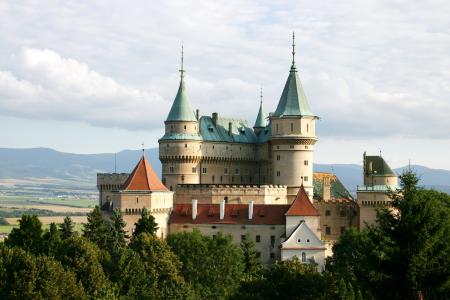 bojnice, 斯洛伐克, 城堡, 蓝蓝的天空, 夏季, 视图, 建筑