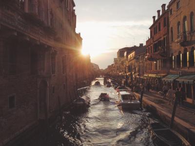 运河, 威尼斯, 意大利, 建筑, 水, 小船, 吊船