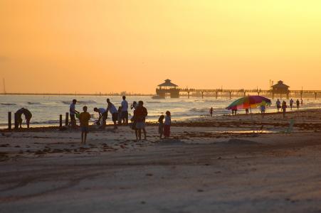 迈尔斯堡海滩, 佛罗里达州, 日落, 人, 晚上, 海滩, 海岸