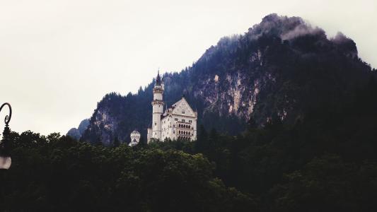 新天鹅堡, 城堡, 德国, 建筑, 山脉, 树木