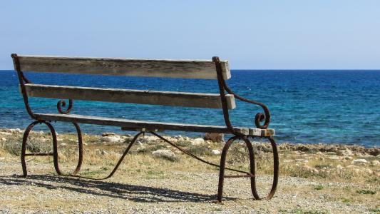 板凳, 生锈, 风化, 海, 海滩, 蓝色, 孤独