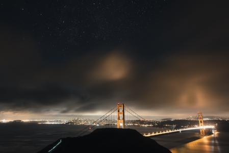 桥梁, 城市, 黑暗, 金门大桥, 照明, 河, 圣旧金山
